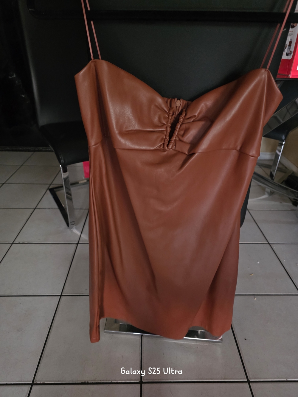 iris Brown Faux Leather Slip Dress with Spaghetti Straps